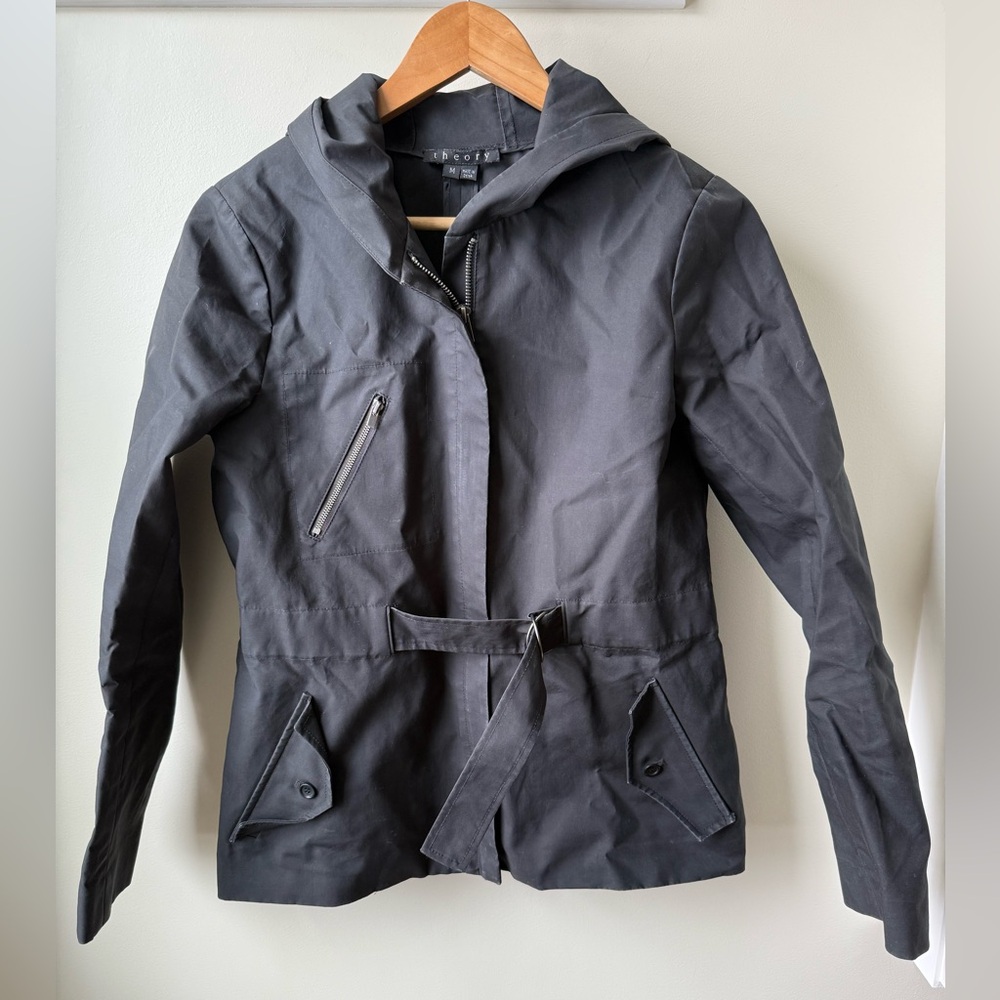 THEORY Olia Hooded Black‎ Jacket Lightweight Full Zip Cotton Minimalist Luxury M